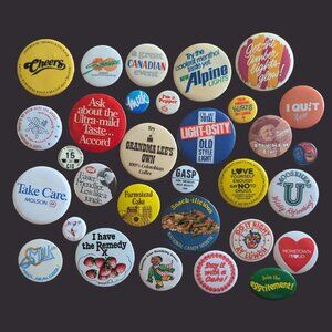 Vintage Food, Drink & Health Pinback Lot — 70s–90s Promos (Set of 31)